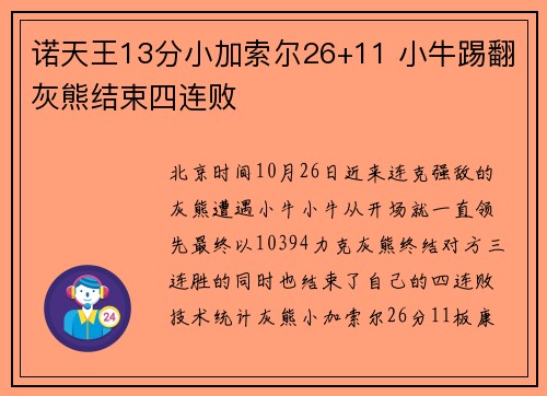 诺天王13分小加索尔26+11 小牛踢翻灰熊结束四连败
